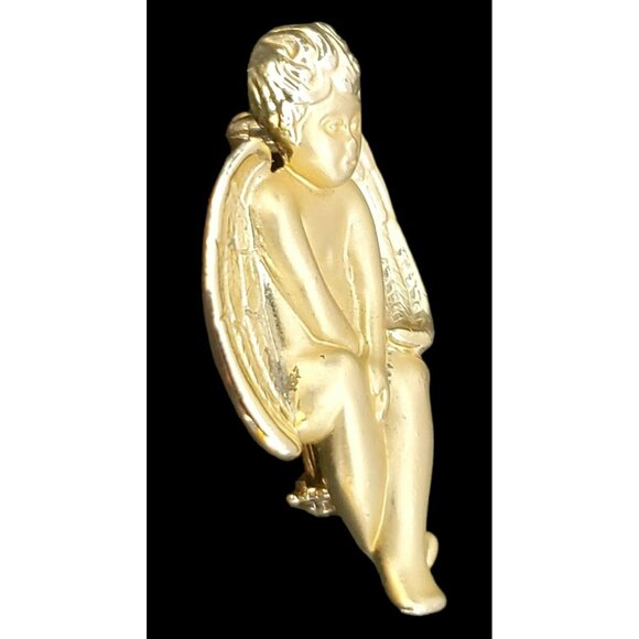 VTG Cherub Boy Angel Pin Brooch Brushed Gold Tone Christmas Holiday Valentines - Picture 4 of 6
